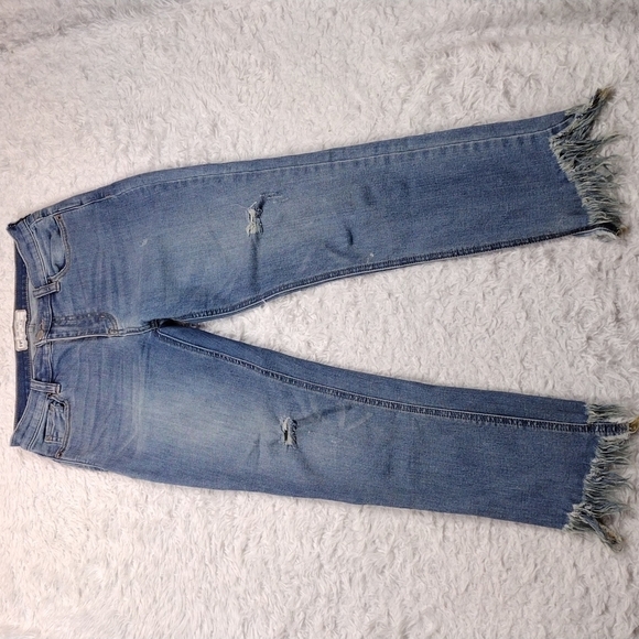 Free People Blue Whiskering Medium Wash Mid Rise Distressed Raw Hem Ankle Jean - Picture 2 of 13